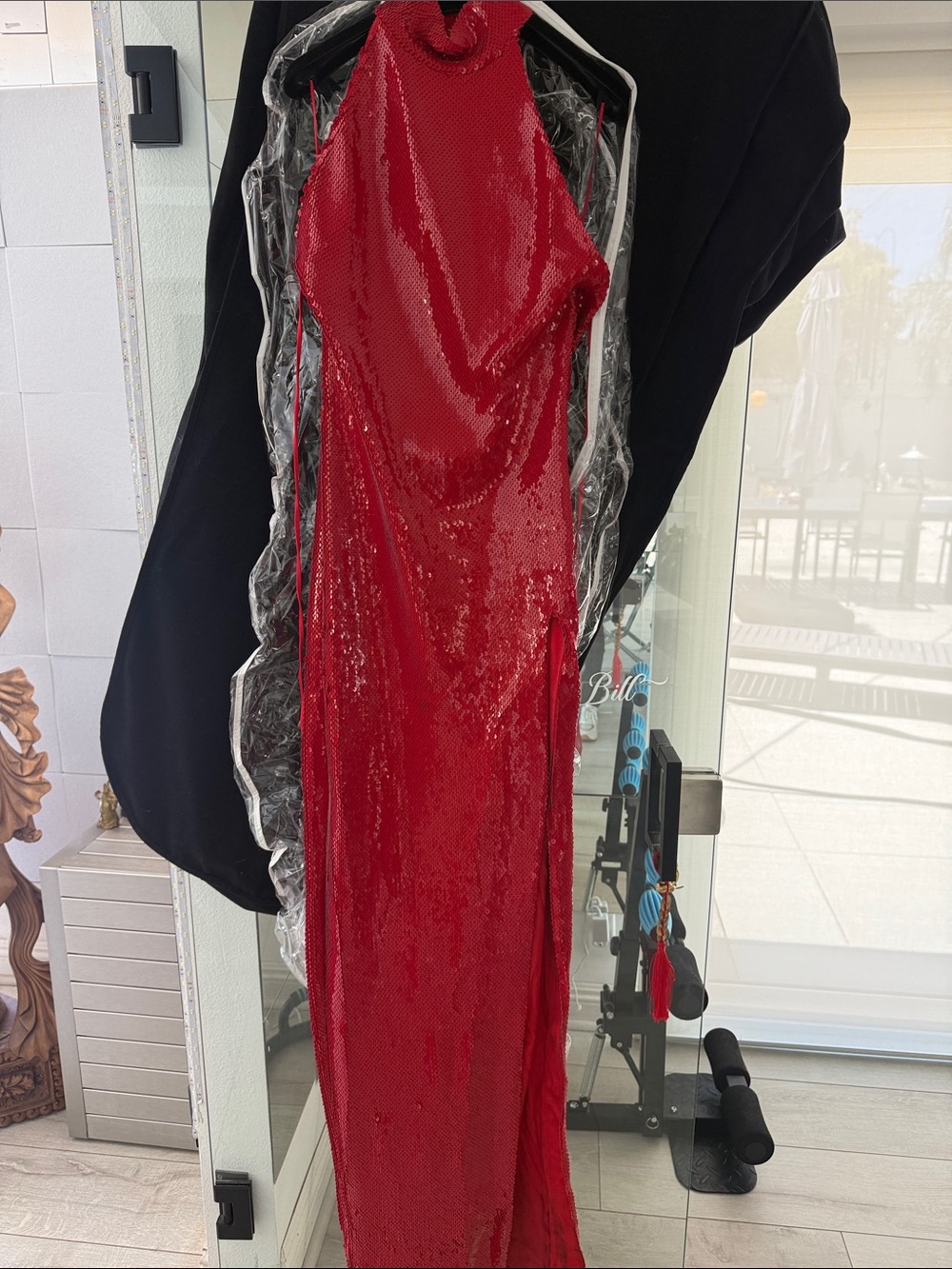 Balmain Red Sequin Maxi Halter Gown with High Neck